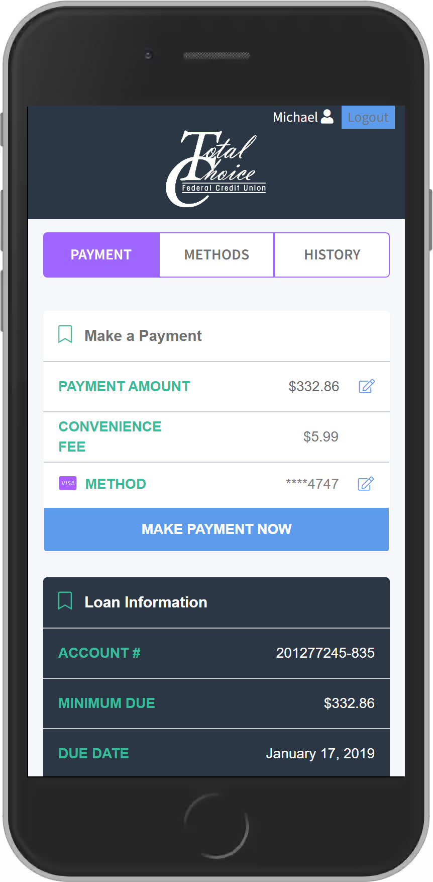 Message Pay make a payment now screen